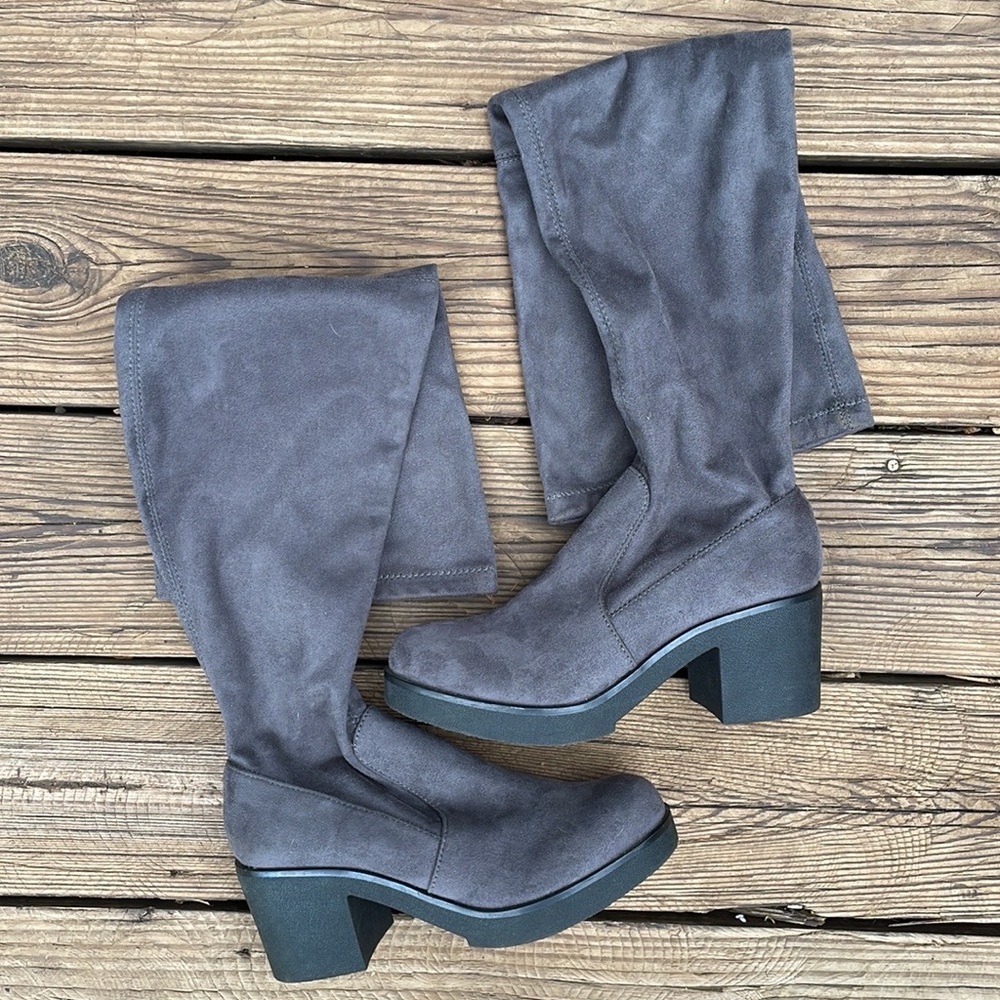 Grey Faux Suede Over the Knee Heeled Boots